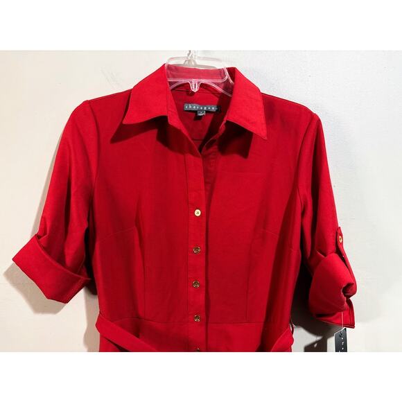 Sharagano Pure Red Roll Tab Sleeve Self Tie Shirt Dress Size 4 NWT - Picture 3 of 9